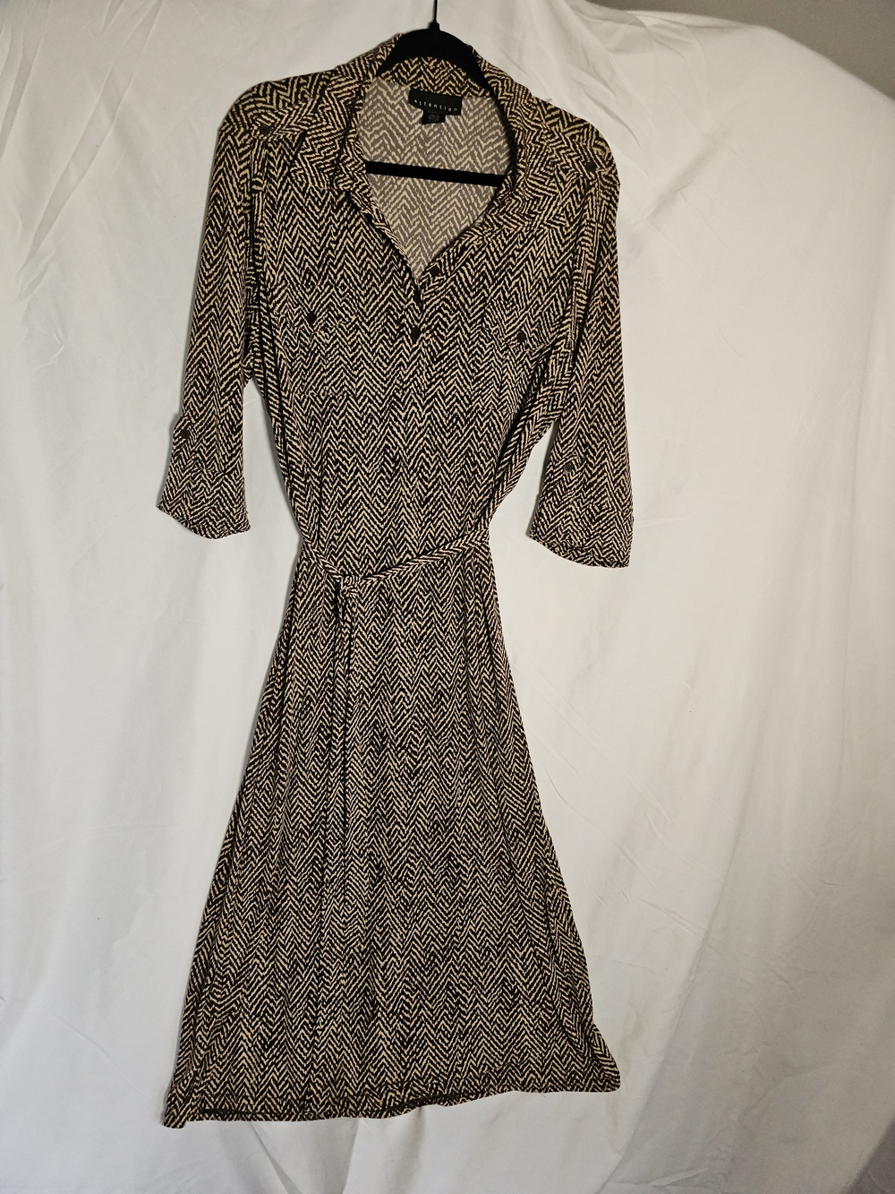 attention Chevron-Print Midi Shirt Dress in Black and Cream XL
